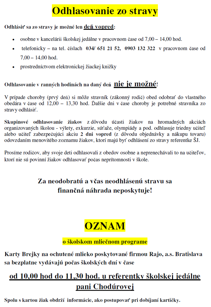 Oznam o odhlasovaní zo stravy a školskom mliečnom programe