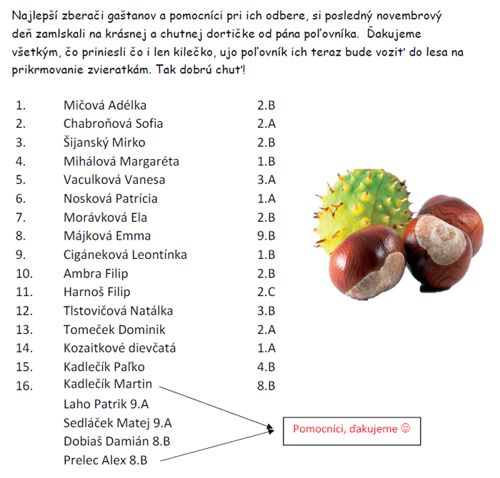 Výsledky zberu gaštanov