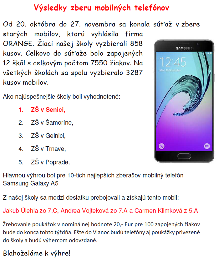 Výsledky zberu mobilných telefónov